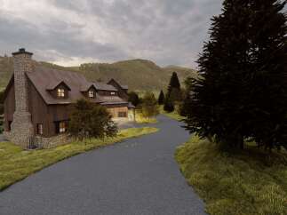 This stunning property boasts a rustic charm with its wooden exterior and stone chimney, offering a serene escape.