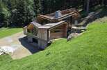 Nestled on a lush green hillside, this modern chalet boasts a striking architectural design with extensive use of natural wood and stone.