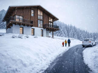This stunning chalet-style home offers a perfect blend of rustic charm and modern luxury.