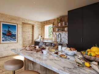 This stunning kitchen boasts a luxurious marble countertop, perfect for preparing meals and entertaining guests.