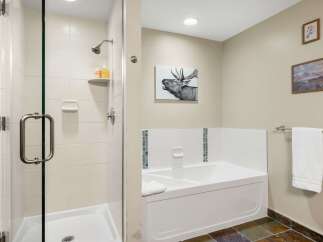 Step into a serene bathroom retreat, featuring a modern shower and a relaxing bathtub.