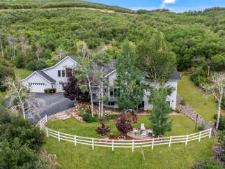 This stunning property boasts a modern, two-story home with a spacious garage, nestled in a serene, tree-filled landscape.