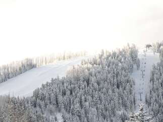 Experience the serenity of winter in this stunning mountain landscape.