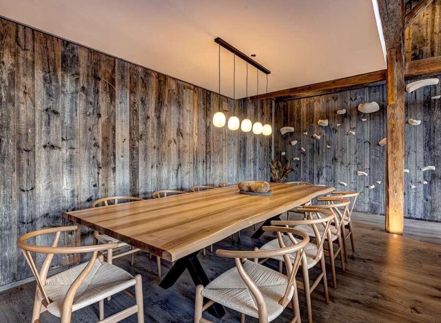 Experience rustic elegance in this stunning dining room.