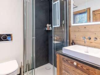 This modern bathroom features a sleek glass shower, a stylish floating sink, and a rustic wooden vanity.