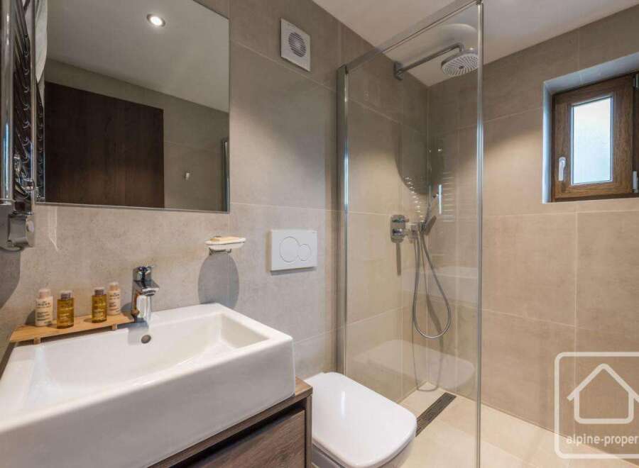 This modern bathroom features a sleek design with a glass shower, a stylish sink, and a convenient toilet.