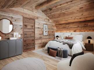 Experience the warmth and charm of this stunning bedroom, featuring exquisite wooden accents throughout.