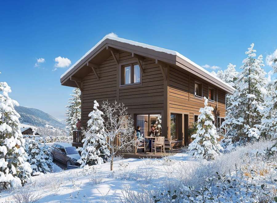 Experience the charm of this stunning wooden cabin nestled in a snowy landscape.