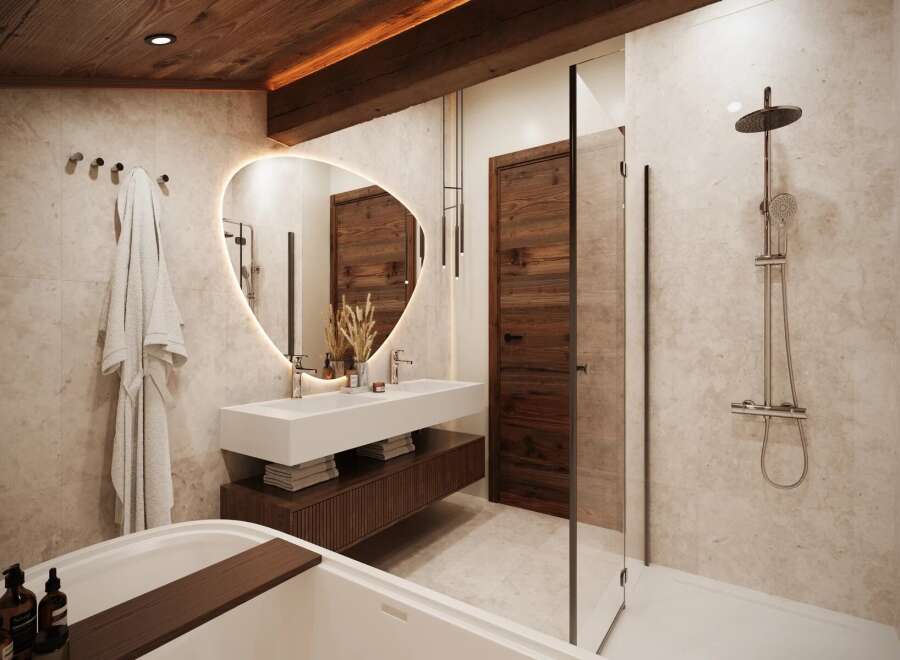 Experience luxury in this stunning bathroom, featuring a modern design with a touch of rustic charm.