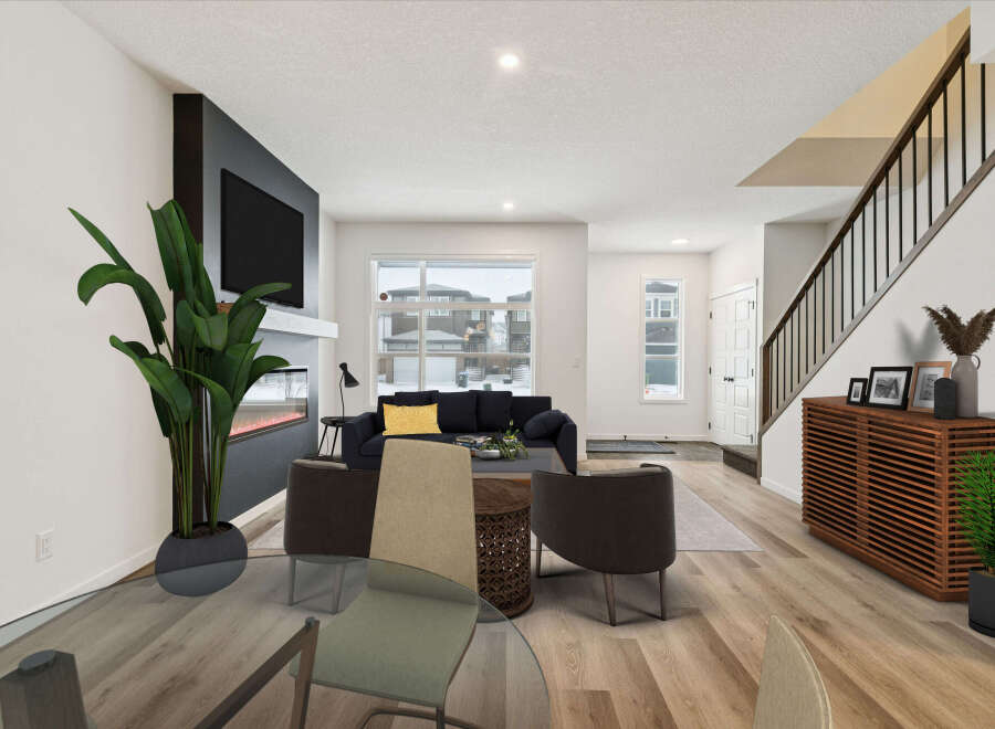 Step into modern elegance with this stunning property, showcasing a spacious living area with a cozy fireplace and a sleek, contemporary design.