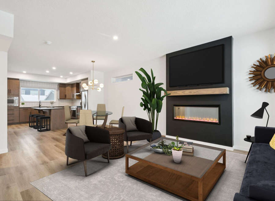 Step into luxury with this stunning property, featuring a modern living room with a sleek fireplace and a large flat-screen TV.
