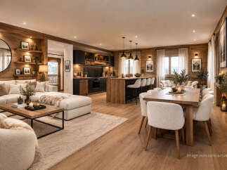 Experience luxurious mountain living in this stunning open-concept space, featuring a gourmet kitchen with a central island and bar seating, seamlessly flowing into a cozy living area with a plush sectional sofa.