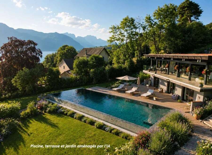 Experience luxury living with this stunning property featuring an infinity pool overlooking a serene lake and majestic mountains.
