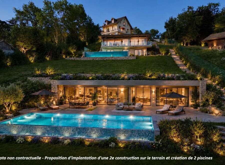 Experience luxury living with this stunning property featuring two exquisite swimming pools, one an infinity pool overlooking the landscape and another on the lower level.