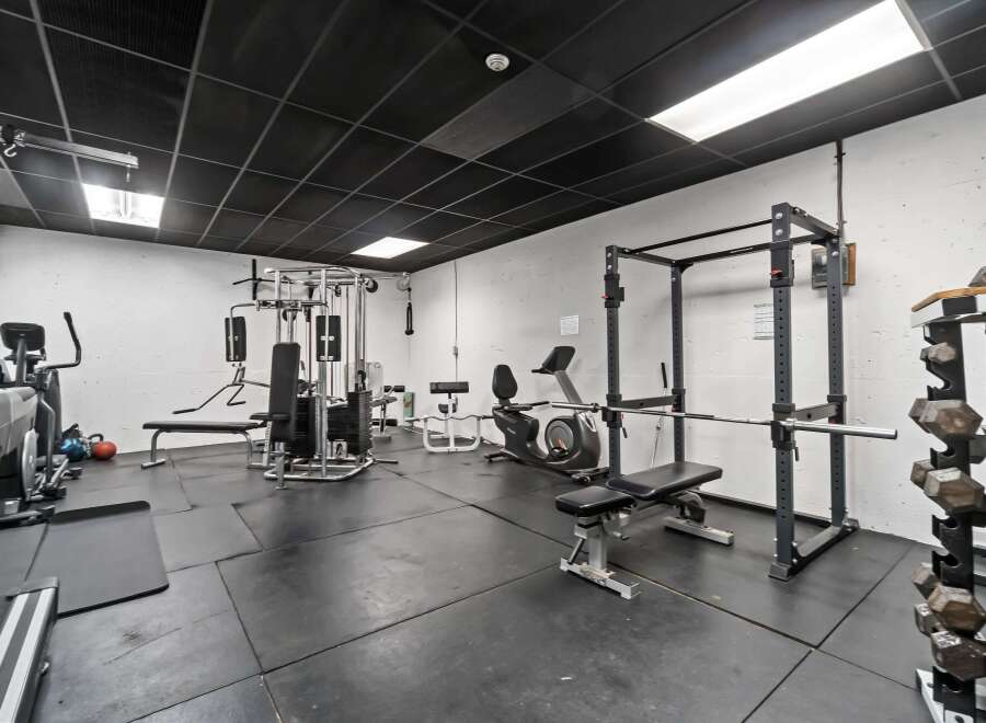 This well-equipped home gym offers a comprehensive workout space.