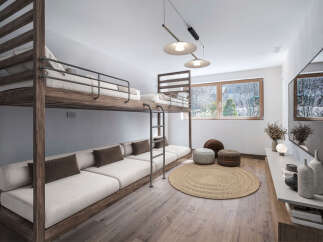 This stunning bedroom features a unique bunk bed design, perfect for maximizing space and adding a touch of modern flair.