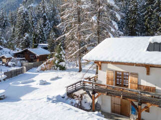 Discover the charm of this stunning winter chalet nestled in a snowy landscape.