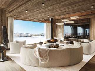 Experience luxury living in this stunning chalet, boasting a cozy fireplace and breathtaking views of a snow-covered landscape.