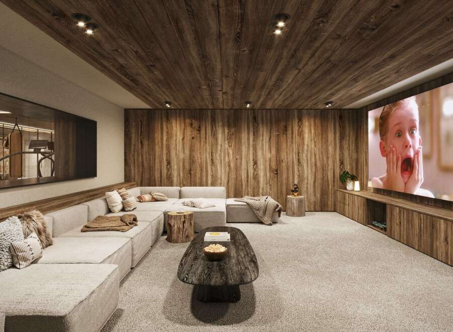 Experience luxury living in this stunning home theater! Featuring a cozy sectional sofa, a large screen for movie nights, and a stylish wooden ceiling, this space is perfect for relaxation and entertainment.