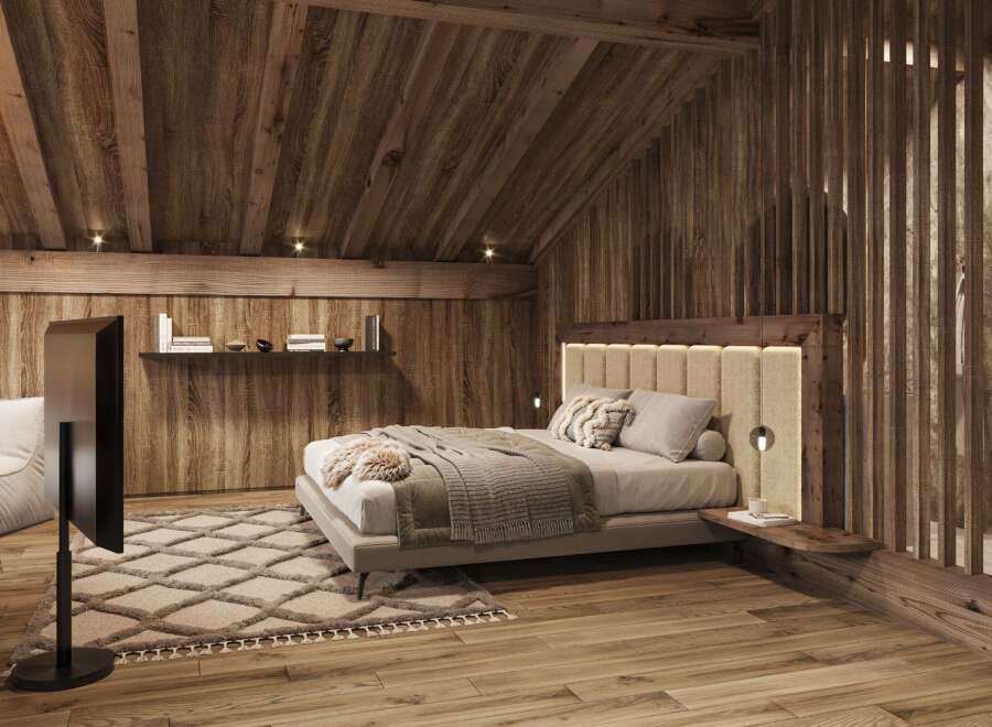 Experience the epitome of rustic luxury in this stunning bedroom.