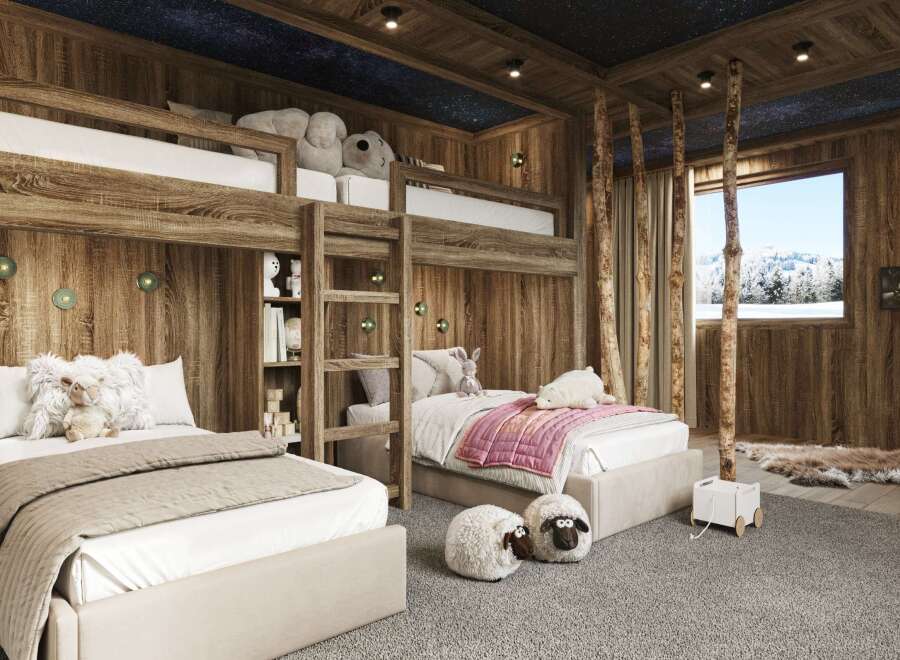 This cozy bedroom features a unique bunk bed design with wooden accents, creating a warm and inviting atmosphere.