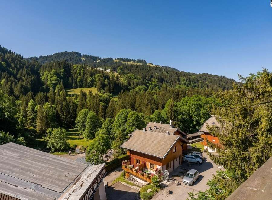 Nestled amidst lush green mountains, this charming wooden chalet offers a serene escape.
