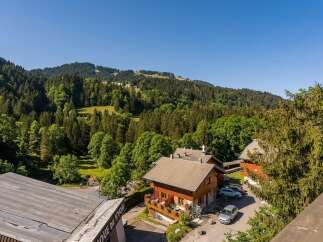 Nestled amidst lush green mountains, this charming wooden chalet offers a serene escape.