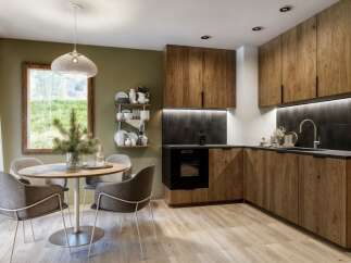 This stunning kitchen boasts a modern design with sleek wooden cabinetry and a contrasting black backsplash.