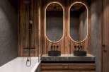 This luxurious bathroom boasts a stunning design with a combination of wood and stone elements.