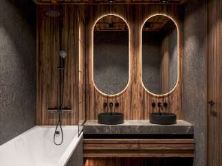This luxurious bathroom boasts a stunning design with a combination of wood and stone elements.