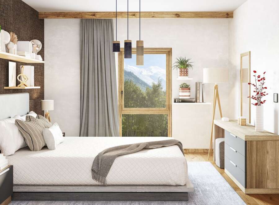 This stunning bedroom offers a serene retreat with its modern design and natural light.