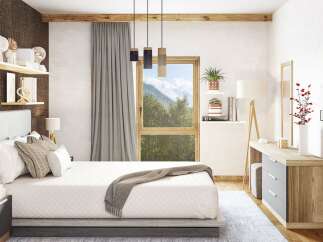 This stunning bedroom offers a serene retreat with its modern design and natural light.