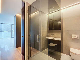 Step into luxury with this stunning bathroom, featuring a sleek glass shower enclosure and modern fixtures.