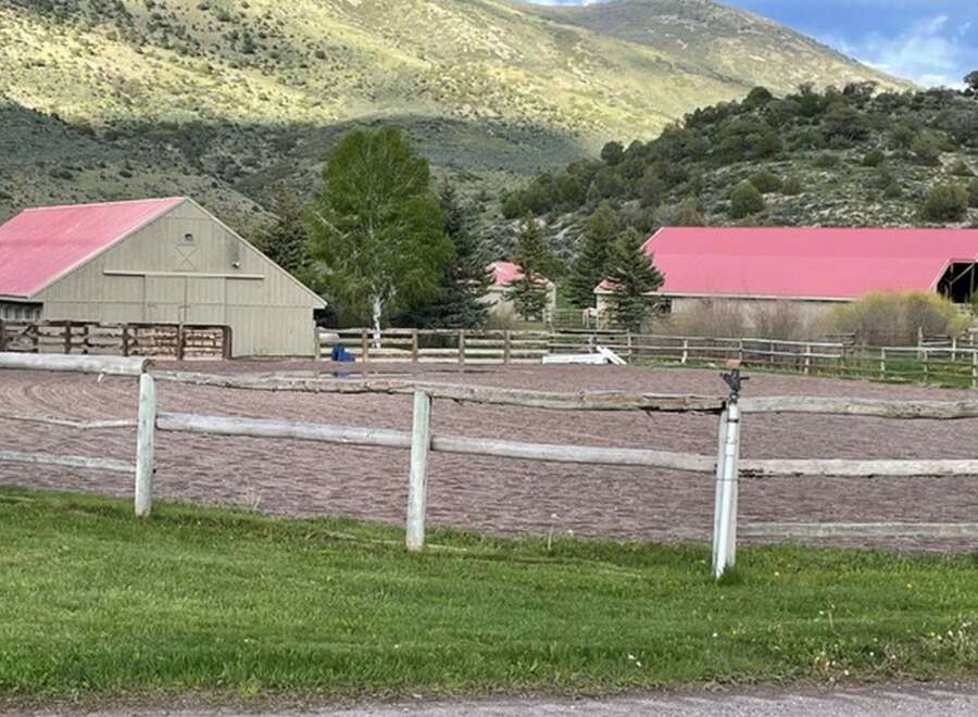 Discover the charm of this equestrian estate, featuring a spacious riding arena and multiple barns with vibrant red roofs.