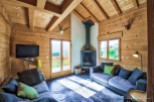 Cozy chalet living room with wood-paneled walls, a fireplace, and large windows offering scenic views.