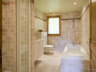 This stunning bathroom boasts a spacious bathtub and a separate shower enclosure, perfect for relaxation.