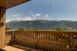 Mountain view balcony with wooden railings.