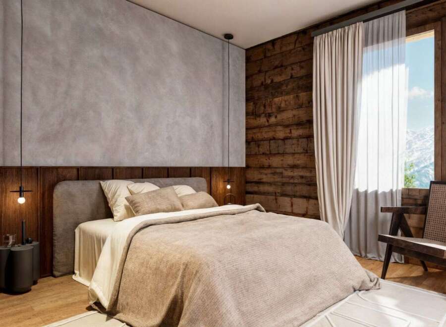Experience the epitome of rustic elegance in this stunning bedroom.