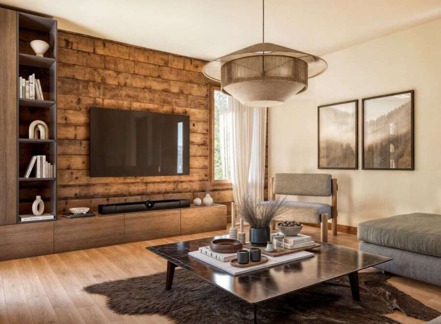 This stunning living room boasts a rustic charm with its wooden accent wall and modern furnishings.