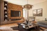 This stunning living room boasts a rustic charm with its wooden accent wall and modern furnishings.