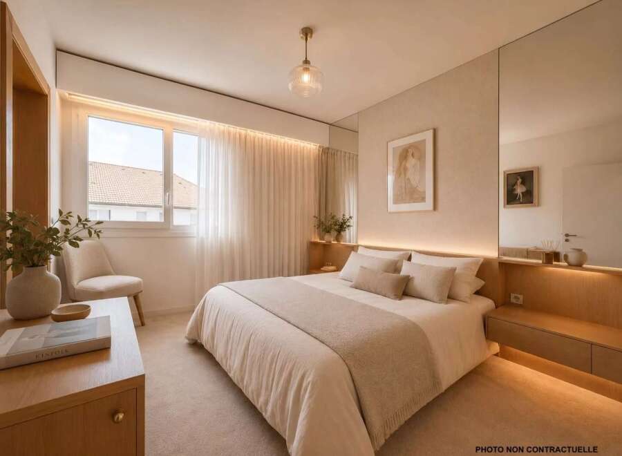 Experience serene living in this beautifully appointed bedroom, featuring a plush king-size bed adorned with soft, neutral linens and accent pillows.