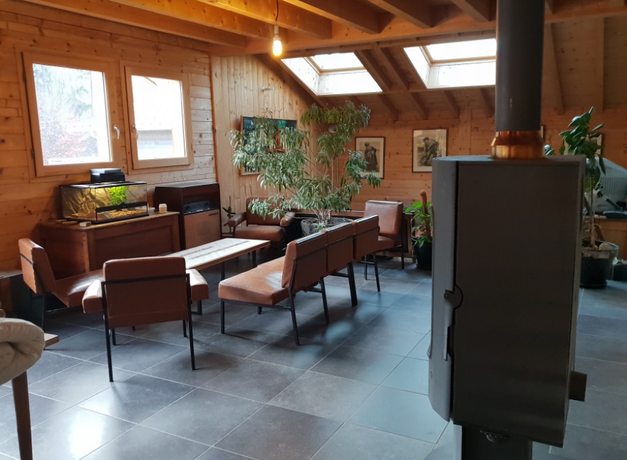 Cozy chalet living room with wood-paneled walls, skylights, and a wood-burning stove.