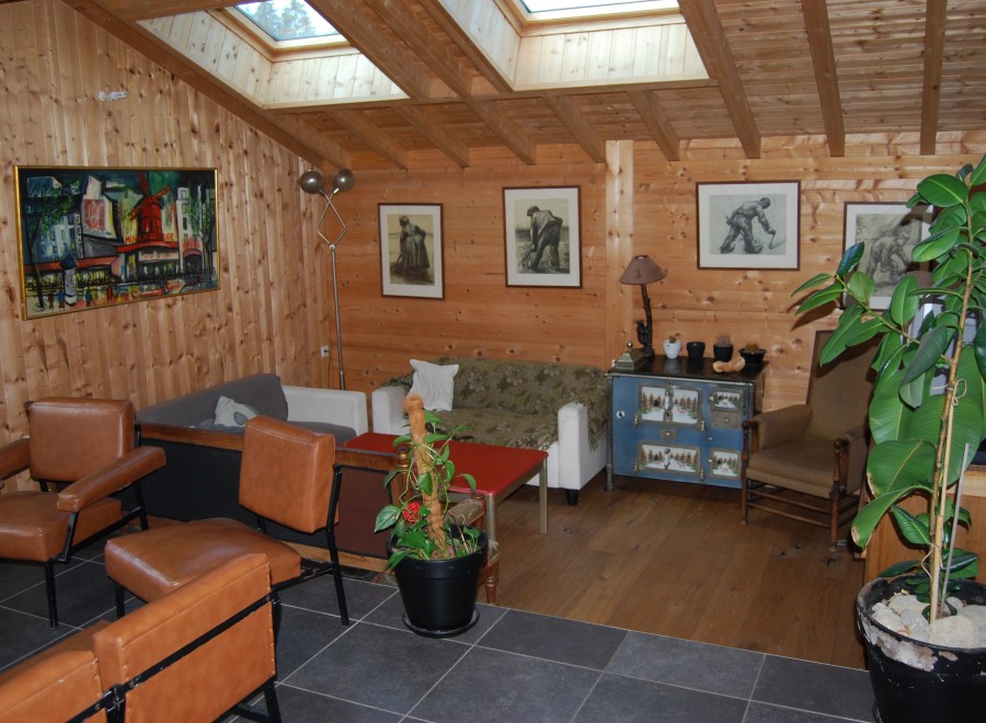 Cozy living room with wooden walls and ceiling, featuring skylights for ample natural light.