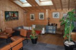 Cozy living room with wooden walls and ceiling, featuring skylights for ample natural light.