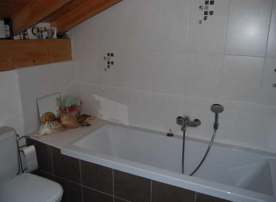 This charming bathroom boasts a modern bathtub with a shower attachment, complemented by stylish dark brown tiles.