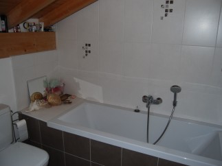 This charming bathroom boasts a modern bathtub with a shower attachment, complemented by stylish dark brown tiles.