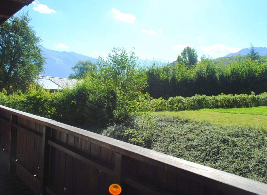 Mountain view from a wooden balcony.