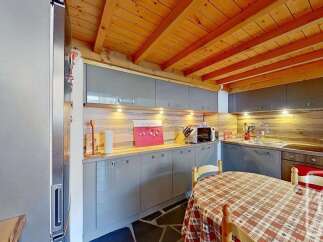 This charming kitchen boasts a rustic wooden ceiling and modern gray cabinetry, creating a perfect blend of style and functionality.