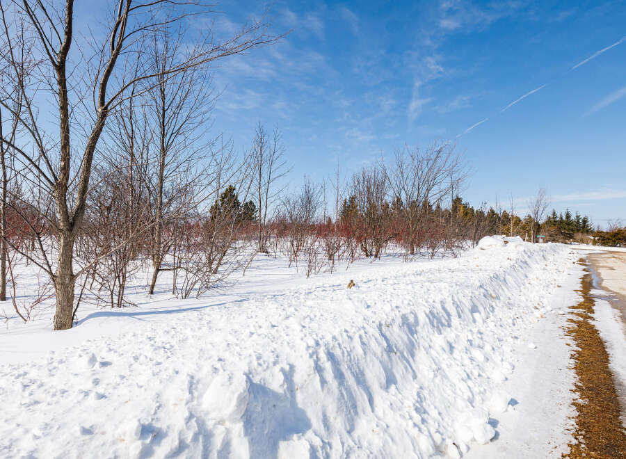 A winter wonderland unfolds in this picturesque scene, showcasing a snow-covered landscape perfect for a serene retreat.