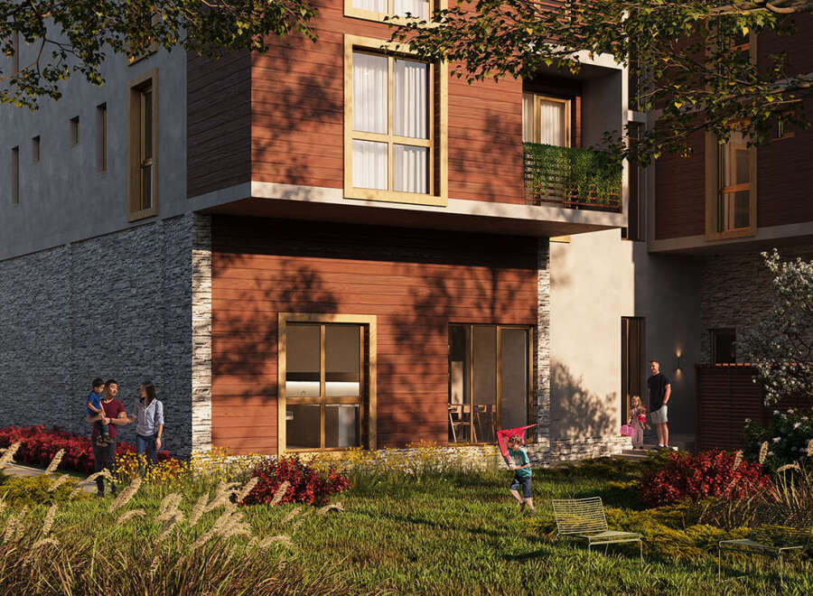 This stunning modern property boasts a beautiful facade with a combination of wood and stone elements.